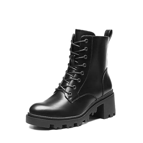 Image of DREAM PAIRS Women's Lug Sole Combat Ankle Bootie Lace up Low Chunky Block Heels Side Zipper Boots Fashion Causal Shoes SDAB2317W,Size 7,Black,SDAB2317W