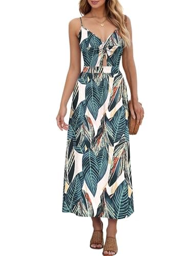 Image of AUSELILY Beach Summer Dresses for Women UK Maxi Boho Floral Wrap V Neck Sleeveless Casual Long Dresses with Pockets Leaf Print XL