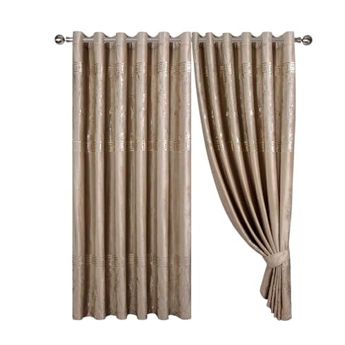 Image of Opulent Dreams Greek Key Velvet Curtain Pair - Heavyweight with Luxury Foil Print - Room Darkening Eyelet - Fully Lined for Thermal Insulation, Includes Two Tiebacks (Beige, 66" x 72" (167 x 183 cm))