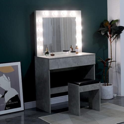 Image of AVC Designs Dressing Table With Large Mirror Makeup Bedroom Desk Dresser Grey With LED Lights