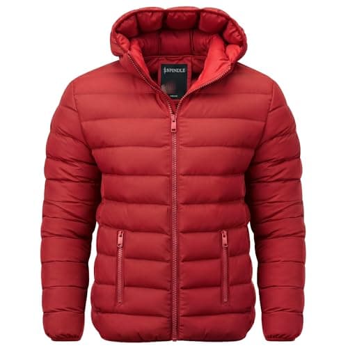 Image of Spindle Mens Plain Black Hooded Padded Quilted Puffer Jacket Winter Coat 2 Zip PocketsSpindle Mens Plain Black Hooded Padded Quilted Puffer Jacket Winter Coat 2 Zip Pockets Red L