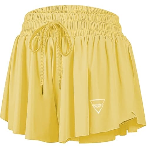 Image of JoyGirl Womens Flowy Running Shorts with Phone Pocket 2 in 1 Gym Sports Shorts Breathable Yoga Shorts for Workout Hiking Jogging (Yellow,M)