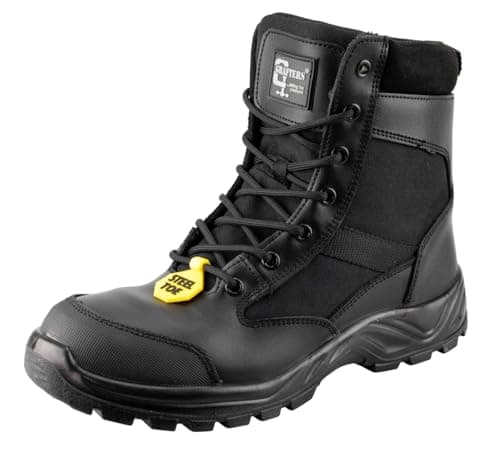 Image of Grafters Steel Toe Safety Work Boots, Black Leather Combat Style, S1 Protection, Lace-up with Side Zip (Black, UK Footwear Size System, Adult, Men, Numeric, Medium, 11)