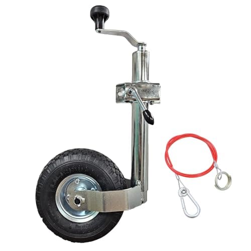 Image of KATSU Tools Jockey Wheel 48mm and Clamp with 10" Pneumatic Rubber Tyre and 1M Stainless Steel Cable Heavy Duty Car Trailer Caravan Galvanized Steel Top Wind Jockey Wheel