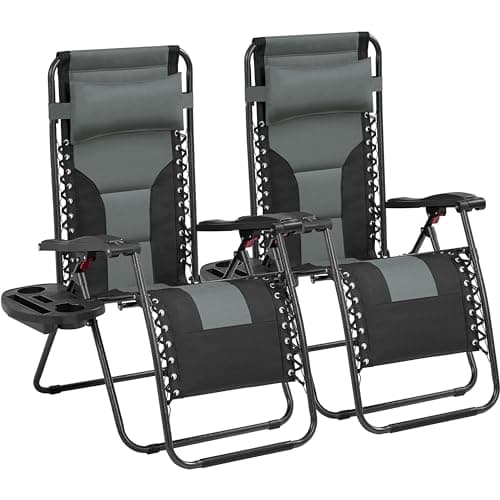 Image of Yaheetech Zero Gravity Sunlounger, Outdoor Multi Position Soft Padded Chairs, Foldable Patio Recliner w/Carry Strap, Cup Holder, Pillow for Backyard Deck Camping Gray/Black Set of 2, 65cm