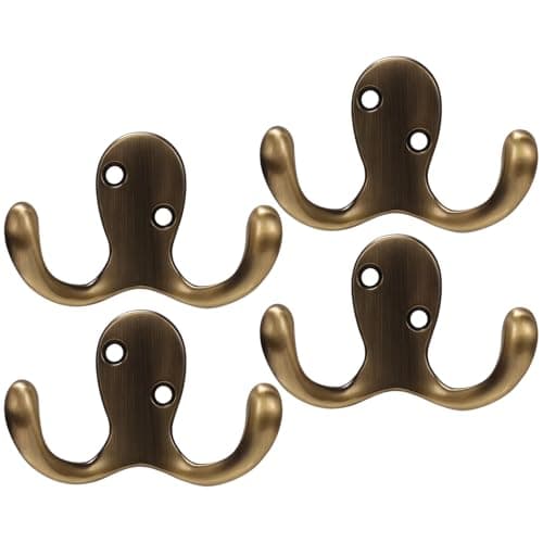 Image of DXPETA Brass Hooks, Antique Brass Coat Hooks for Door and Wall, Set of 4 Heavy Duty Metal Hooks with 8 Screws, Space Saving Gold Coat Hooks for Bathroom Bedroom Office