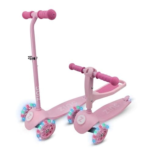 Image of Zinc 3-In-1 Kids Scooter for Ages 1+ - Adjustable 3 Wheeled Scooter with Removeable Seat, Lean ‘n’ Steer, Rear Footbrake & Light Up Wheels – Perfect for Toddlers, Beginners, Boys & Girls, Pink