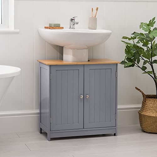 Image of CHRISTOW Under Sink Bathroom Cabinet, Free Standing Wooden Sink Storage Unit, Grey & Bamboo Furniture, Basin Cupboard With Shelf