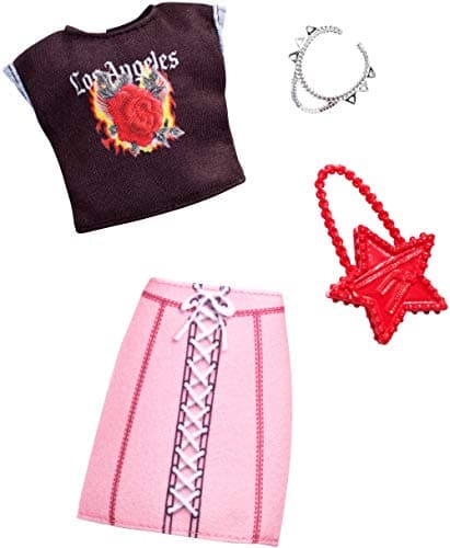 Image of ​Barbie Complete Looks Doll Clothes, Outfit for Barbie Dolls with La T-Shirt, Pink Lace-Up Pencil Skirt and 2 Accessories for Barbie Dolls, Gift for 3 to 7 Year Olds