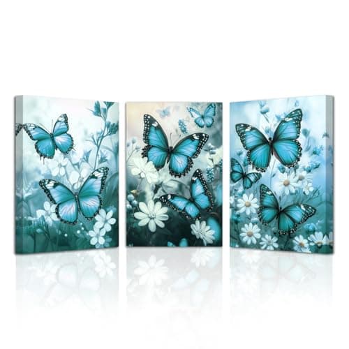 Image of LZIMU Butterfly Canvas Wall Art 3 Pieces Butterflies with Flower Pictures Prints Framed Butterfly Wall Decor for Fantasy Girls Room (Teal, 11x14inchx3 Pieces)