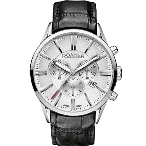 Image of Roamer Superior Men's Quartz Watch with Silver Dial Chronograph Display and Black Leather Strap