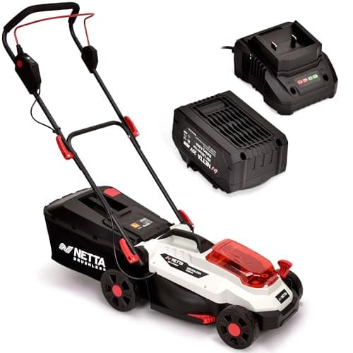 Image of NETTA Cordless Lawnmower 20V - Brushless Motor Lawn Mower with 4.0Ah Battery & Charger - 33cm Width, 5 Heights, Mini Lawn Mower for Small Garden - Battery Operated Lawnmower - 30L Box