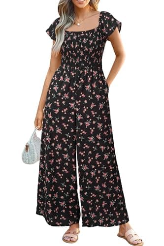 Image of VOTEPRETTY Jumpsuits for Women UK Short Sleeve Square Neck Smocked Wide Leg Long Playsuit One Piece with Pockets Black Red Flower,M