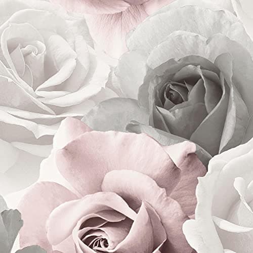 Image of Rhoda Rose Pink Wallpaper - Floral Flowers Grey White - Modern Contemporary Glamorous Feature Wall
