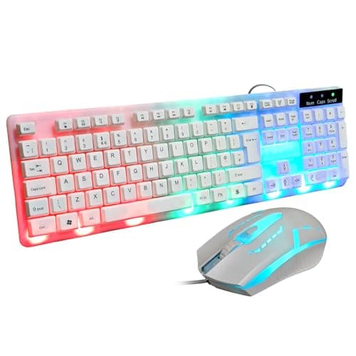 Image of JUSTOP White USB Wired Keyboard and Mouse Set, Luminous LED Lights, Full Size Slim Keyboard, LED Gaming Mouse, Game or Business, UK Layout, For PC, Laptop, Windows, and Mac, PS4, PS5, Xbox One, etc
