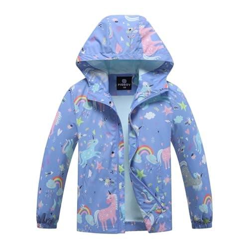 Image of BuyiRen Girls Waterproof Jacket Rain Jackets Hooded Raincoat Lightweight Cotton Lined Rain Coats for Kids, Blue Unicorns, 5-6 Years
