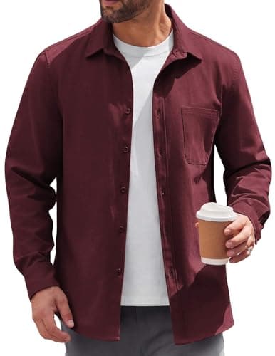 Image of Coofandy Mens Lightweight Button Down Shirt Jacket Casual Shacket Overshirt, Wine Red, XL