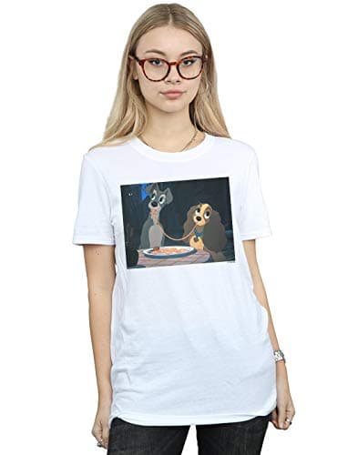 Image of Disney Women's Lady and The Tramp Spaghetti Slurp Boyfriend Fit T-Shirt White Small