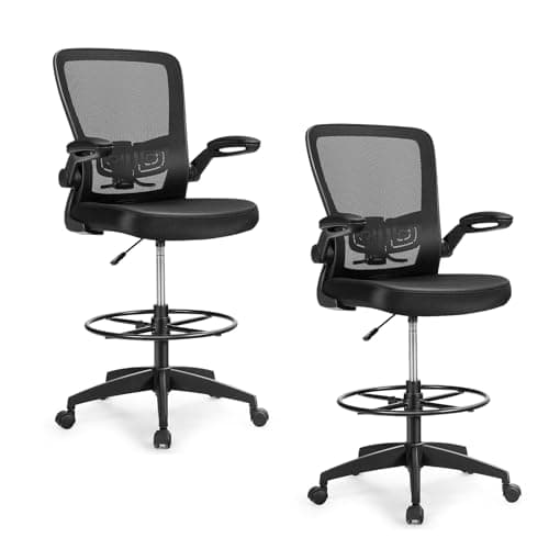 Image of COSTWAY Mesh Drafting Chair, Height Adjustable Swivel Office Chair with Flip-up Armrests, Footrest & Lumbar Support, Ergonomic Rolling Executive Task Computer Desk Chair for Home Office (2, Black)