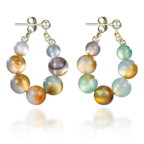 Image of Melhill Agate Beaded Hoop Earrings Gold Plated Hypoallergenic Natural Quartz Healing Gemstone Crystal Boho Statement Jewellery for Women
