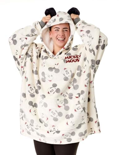 Image of Disney Mickey Mouse Women's Wearable Blanket Hoodie | Adults Beige Hooded Pullover with Mickey Mouse All Over Print | Ladies Sherpa Lined Loungewear with Pockets & 3D Ears | Cartoon Movie Gift