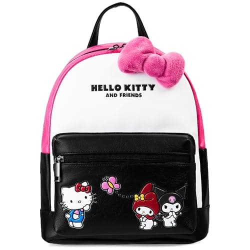Image of Hello Kitty Sanrio Backpack Faux Leather, Teens Women Rucksack, Kawaii Fashion Daypack Kuromi My Melody Daypack, Gifts for Her (Pink/Black Hello Kitty)