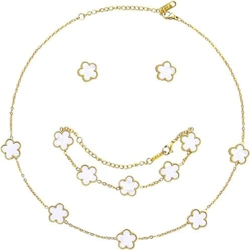 Image of XIWCAFC Four-Leaf Clover Jewellery Set for Women 18K Rose Gold Pendant Necklace Stud Earrings Bracelet Set Lucky Double-sided Clover Jewellery Sets Gift for Her BFF Birthday (white)