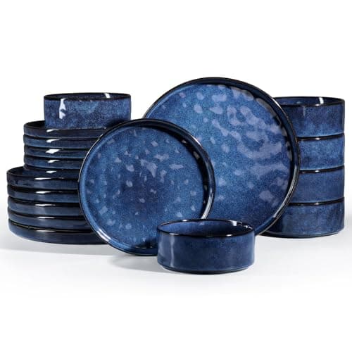 Image of Homikit Dinner Sets for 6 People, 18-Piece Reactive Glaze Dinnerware Stoneware Set, Kitchen Plates and Bowls for Home Dinner Camping, Scratch Resistant, Dishwasher & Microwave Safe, Nebulas Blue
