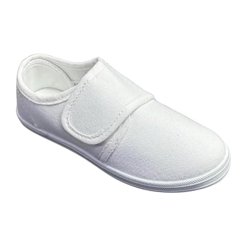 Image of Kids Boys Girls School PE Pumps Plimsolls Shoes Unisex Children Gym Sports Trainers Black White Touch Fastening Slip On Lace Up Canvas PE Pumps Back to School- Touch Fasten White Kids 12