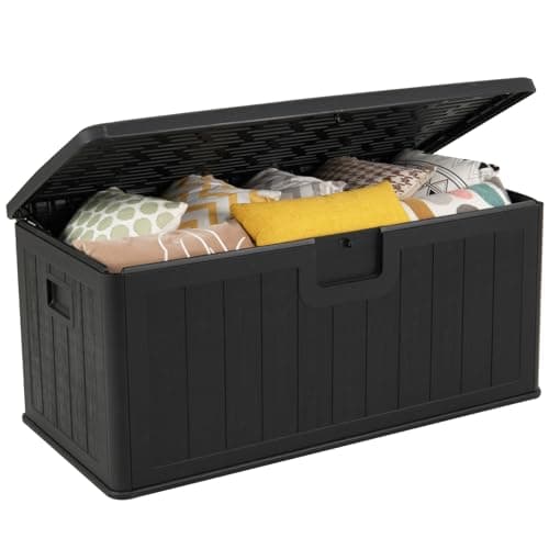 Image of TANGZON 380L Garden Storage Box, Outdoor Weather Resistant Deck Box with Handles & Lockable Lid, Wood Effect Patio Storage Chest Container for Cushions Pillows Pool Supplies Tools (Black)
