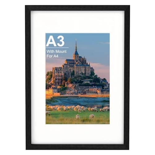 Image of A3 Picture Frame, Black Wooden A3 Photo Frame 42 x 29.7 cm with A4 Mount, Poster Frame for Certificates and Artwork, Wall Mount Horizontal or Vertical