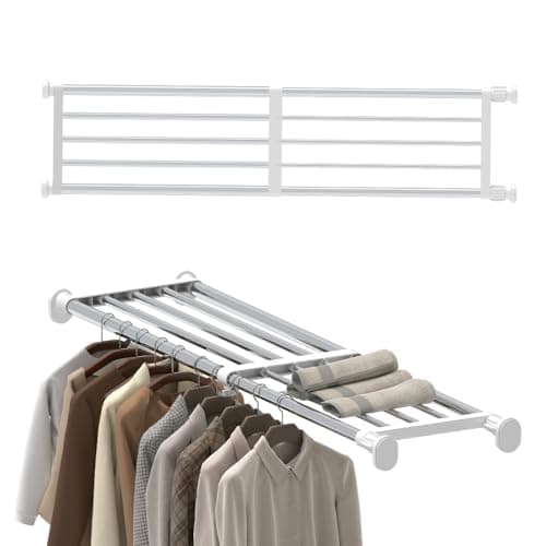 Image of Hershii Tension Shelf Expandable Rod Closet System Heavy Duty Clothes Hanger Adjustable DIY Garage Bathroom Kitchen Storage Organizer Shoe Rack, Plant Stand, Bookshelf