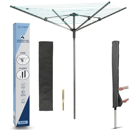 Image of CUQOO 4 Arm Folding Clothes Line in Silver – 45m Heavy Duty Rotary Washing Line | Outdoor Rotary Clothes Dryer with Non-Slip Lining, Ground Spike, and Cover - Silver