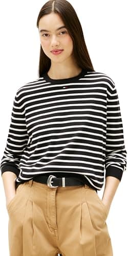 Image of Tommy Jeans Women's TJW Essential Crew Sweater EXT DW0DW20159 Pullover Sweater, Black (Black/Ecru Stripe), L