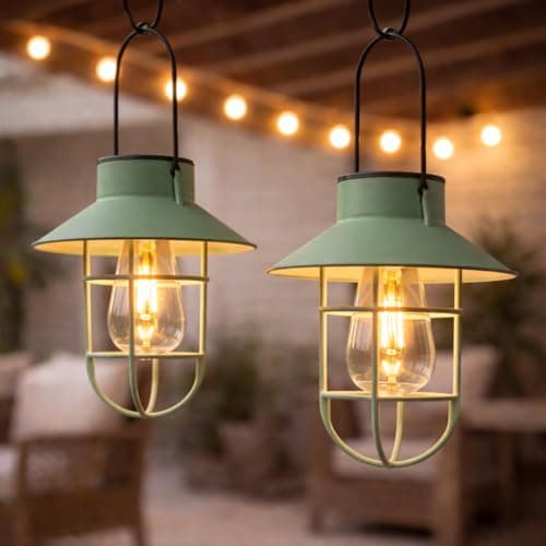 Image of Festive Lights - 2 Pack 21cm Solar Green Fisherman Hanging Cage Lantern, Warm White Filament Effect LEDs - Antique Rustic Metal Look, IP44 Rated, Outdoor Decorative Garden Light - Integrated Panel