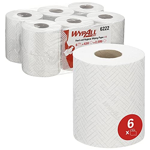 Image of WypAll Wiping Paper 6222, L10 White Food & Hygiene Centrefeed Wipes, 1-Ply Embossed for Strength, Dry Cleaning for Kitchen & Surfaces, 6 Rolls x 430 Sheets (2,580 Total)