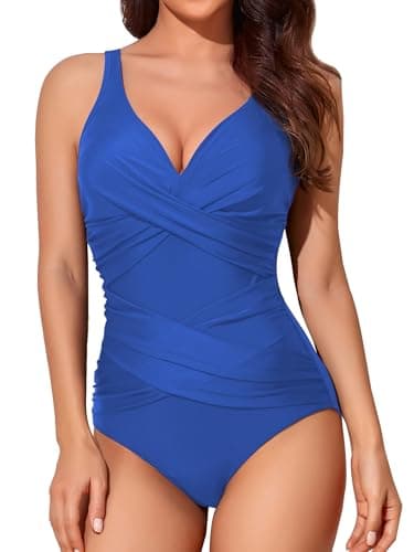 Image of Smismivo Tummy Control Swimsuits for Women Slimming One Piece Bathing Suit Modest Padded Ruched Push Up Long Torso Curvy Cute Shapewear V Neck Criss Cross Swimming Full Coverage Swimwear (Blue)