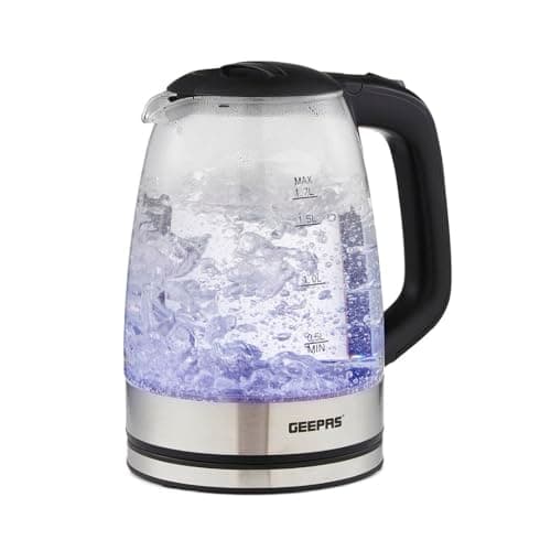 Image of GEEPAS Illuminating Electric Glass Kettle | 1.7L Cordless Jug Kettle with Stainless Steel Heating Element Auto Shut Off Boil-dry Sensor | Safety Locking Lid Cord Storage | 2 Year Warranty 2200W Black