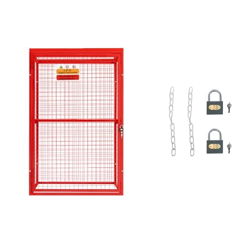 Image of Gas Bottle Cage 181 x 116 x 57cm Collapsible Red Mesh Lockable Storage, Powder Coated Steel Cylinder Cage for 6 x 19kg or 2 x 47kg Bottles with Padlock, Keys, Removable Shelf & Warning Sign Bundle