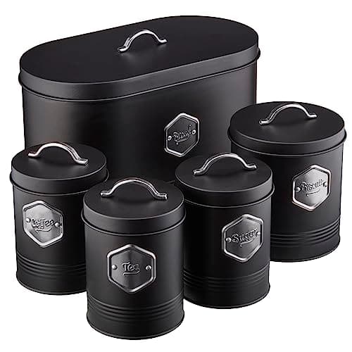Image of Cooks Professional 5 Piece Tea Coffee Sugar Bread & Biscuit Cannister Set | Labelled Storage Tins | Containers with Airtight Lids | Canisters for Kitchen Accessories & Essentials | Black & Silver