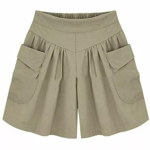 Image of QIGEN LTD Women Summer Baggy Casual Shorts Elastic Waist Wide Leg Skirts Shorts with Pockets (UK, Numeric, 14, Regular, Regular, Apricot)