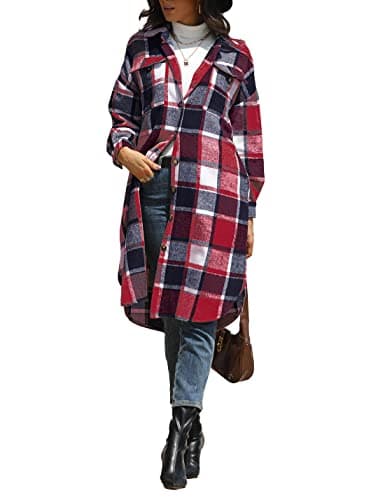 Image of Sukany Women's Casual Lapel Wool Blend Long Plaid Shirt Button Down Long Sleeve Jacket Shacket Vintage Red S