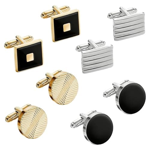 Image of Cufflinks for Men, 4 Pairs Silver Gold Cuff Links, Classic Fashion Men Tone Cuff Links Set, Striped Disc Square Rectangle Cuffs Links for Wedding Business Graduation Gift