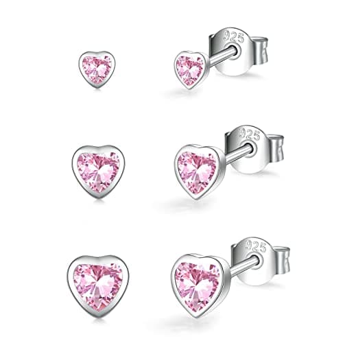 Image of 3 Pairs Sterling Silver Stud Earrings for Women Girls, Small Simulated Diamond Earrings Pink Cubic Zirconia Heart Stud Earrings Hypoallergenic Sleeper Earrings Set for Multiple Pirercings, 2/3/4 mm