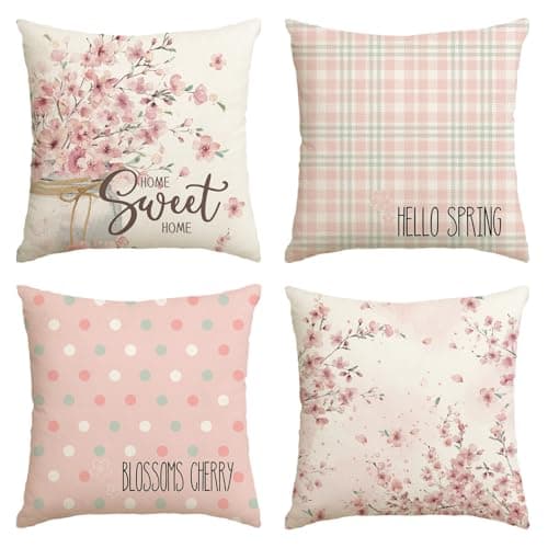 Image of Artoid Mode Sakura Flowers Vase Spring Cushion Covers Set of 4, 45x45 cm Summer Decorative Pillow Case Cover Sofa Living Room Decor