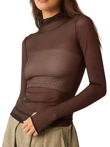 Image of Springcmy Women Sexy Mock Turtle Neck Long Sleeve Sheer Mesh Ruched See Through Swiss Dots Going Out Layering Slim Fit Tops Streetwear (A-Dark Brown, M)