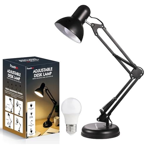 Image of Powatron Adjustable Desk Lamp with UK Plug & E27 Bulb Included – Flexible Metal Arm, Rotatable Head, 150° Adjustable Design, On/Off Switch & 1.5m Cord – Office, Study, Bedroom (Black)