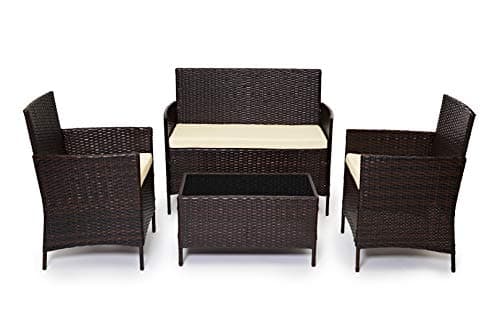Image of EVRE Brown Rattan Garden Furniture Set Patio Conservatory Indoor Outdoor 4 Seater Piece Modular Sofa Loveseat Chair Glass Top Coffee Table with Cushions