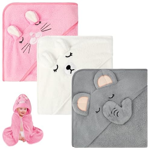 Image of Aolso Hooded Baby Towel,3 PCs Baby Bath Towels with Hood,80x80cm Soft and Absorbent Hooded Towels for Kids Newborn and Infant,Baby Shower Gifts(White/Gray/Pink)