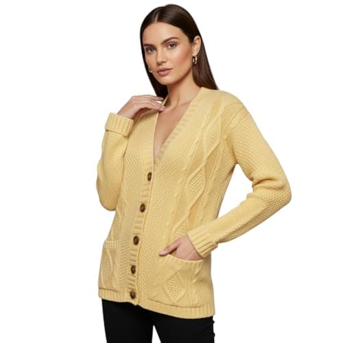 Image of LUXFAB Womens Long Sleeve Button Top Cardigan Chunky Aran Cable Knit Grandad Style Sweater Everyday Casual Warm Knitted Ladies Cardigan UK Sizes 8-26 Yellow